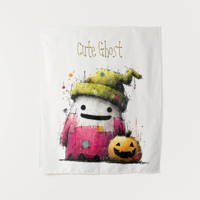 Cute Watercolor Patchwork Ghost Halloween Tapestry (Front)