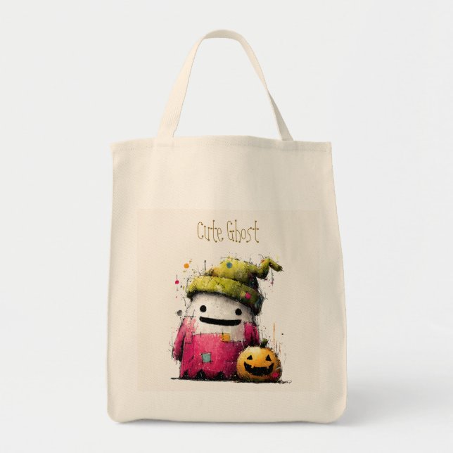 Cute Watercolor Patchwork Ghost Halloween Tote Bag (Front)