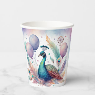 Cute Watercolor Peacock Balloons Birthday Paper Cups
