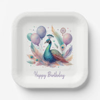 Cute Watercolor Peacock Balloons Birthday