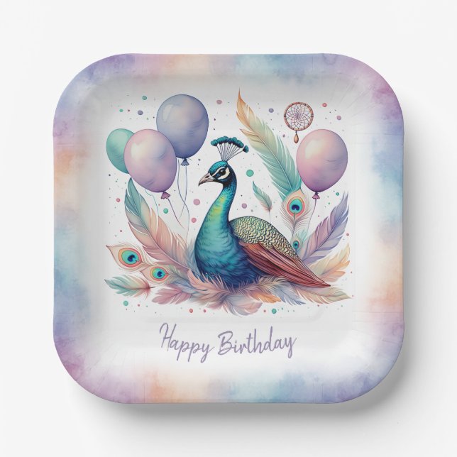 Cute Watercolor Peacock Balloons Birthday  Paper Plate (Front)