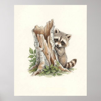 Cute Watercolor Peeking Racoon Woodland Art Poster