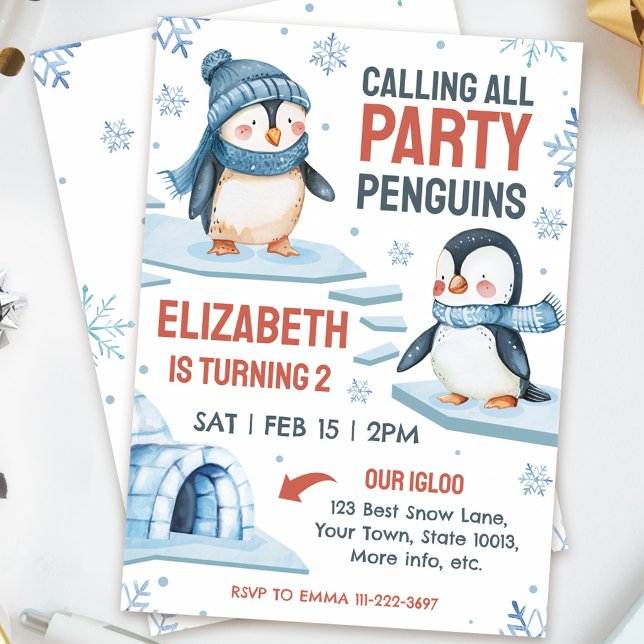 Cute Watercolor Penguin Birthday Invitation (Creator Uploaded)