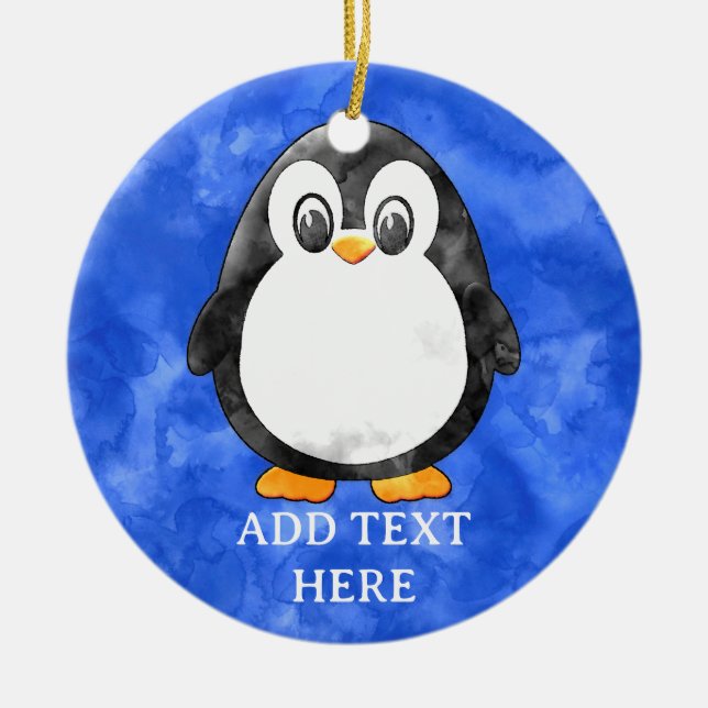 Cute Watercolor Penguin Blue  Ceramic Ornament (Front)
