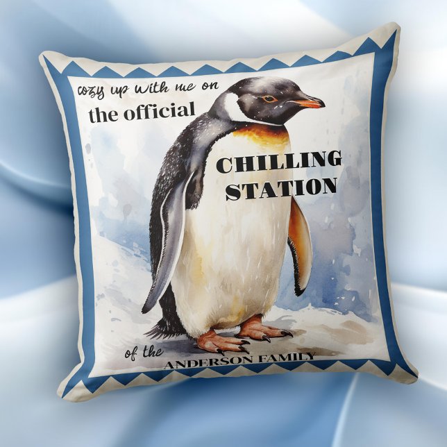 Cute Watercolor Penguin Chilling Station Cushion (Winter pillow featuring a watercolor painting of a cute penguin with your own funny texts)