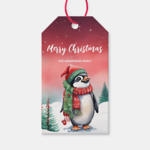 Cute watercolor  Penguin Santa Christmas party kid Gift Tags
