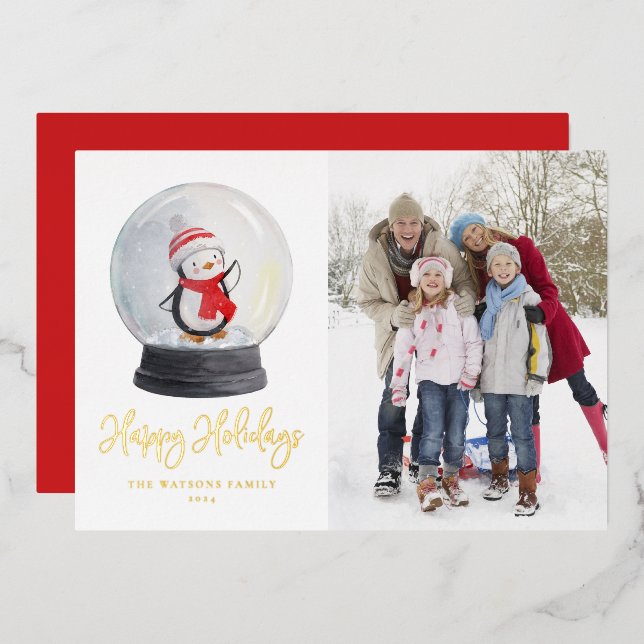 Cute Watercolor Penguin Snow Globe Photo Foil Holiday Card (Front/Back)