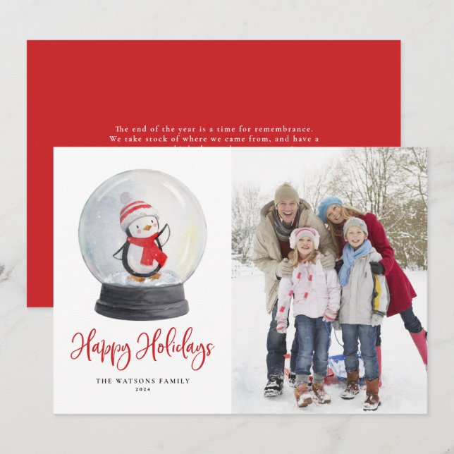 Cute Watercolor Penguin Snow Globe Photo Holiday Card (Front/Back)