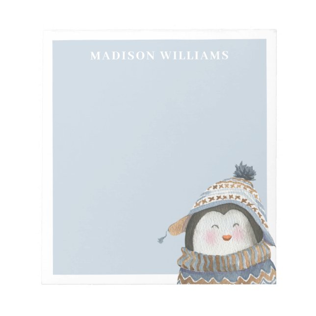 Cute Watercolor Penguin with Custom Name Notepad (Front)