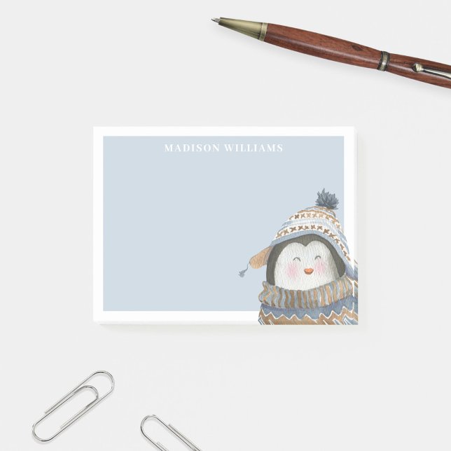 Cute Watercolor Penguin with Custom Name Post-it Notes (Creator Uploaded)
