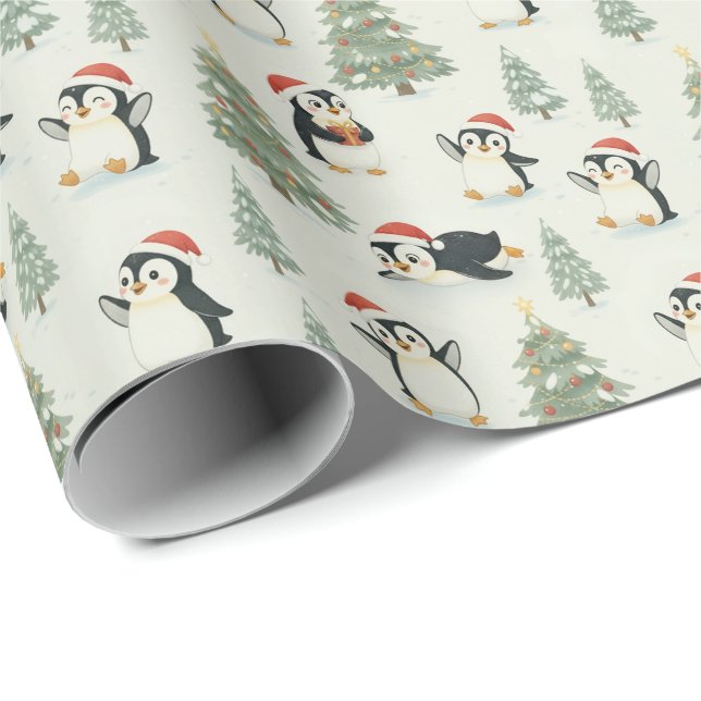 Cute Watercolor Penguins Christmas Forest Holiday Wrapping Paper (Roll Corner)