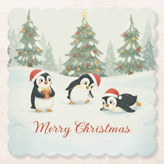 Cute Watercolor Penguins Christmas Forest Paper Coaster (Front)