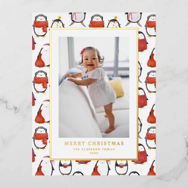 Cute Watercolor Penguins Pattern Christmas Photo Foil Holiday Postcard (Front)