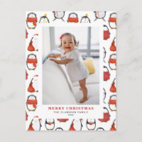 Cute Watercolor Penguins Pattern Christmas Photo