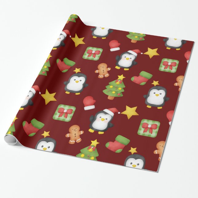 Cute Watercolor Penguins Wrapping Paper (Unrolled)