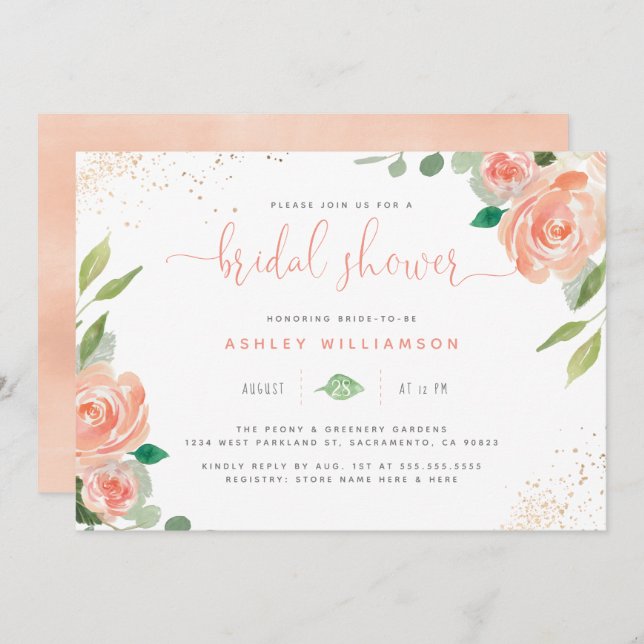 Cute Watercolor Peonies & Eucalyptus Bridal Shower Invitation (Front/Back)