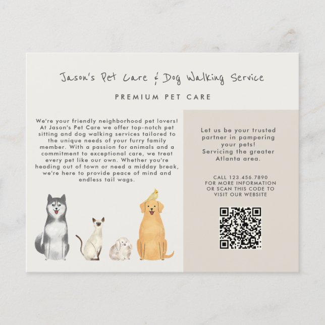 Cute Watercolor  Pet Sitter Dog Walker Business Flyer (Front)
