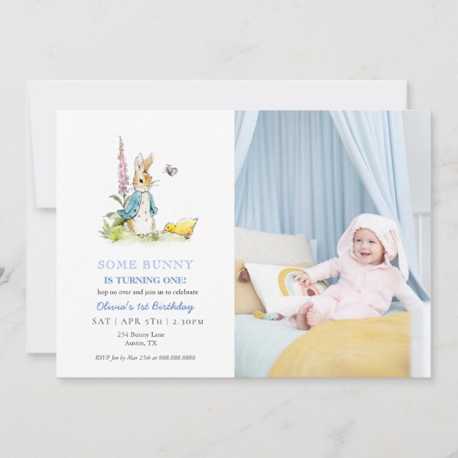 Cute Watercolor Peter Rabbit  1st birthday Invitation (Front)