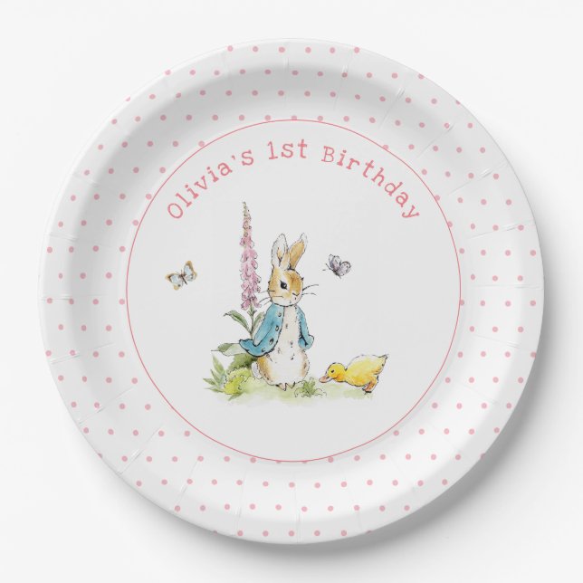 Cute watercolor Peter Rabbit 1st Birthday Paper Plate (Front)