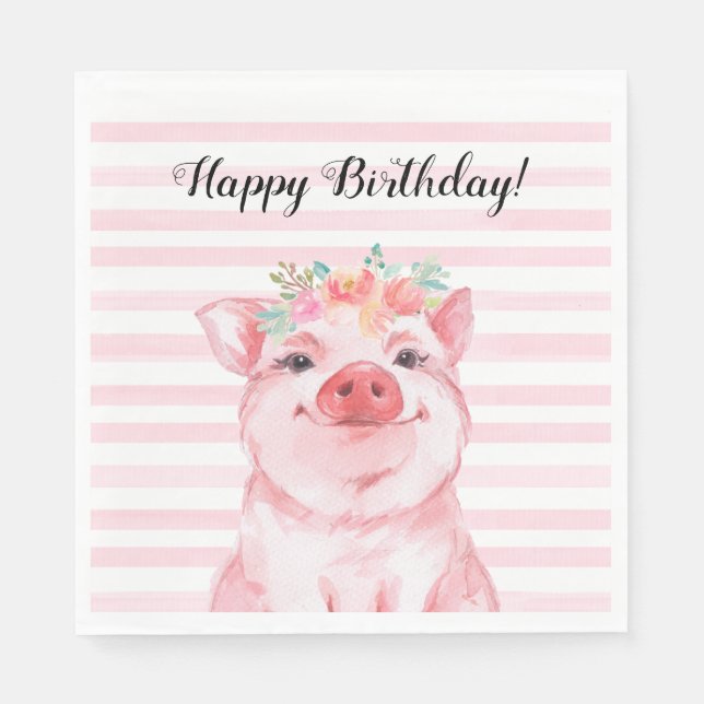 Cute Watercolor Pig Happy Birthday Napkin (Front)