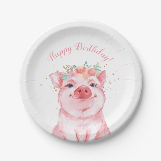 Cute Watercolor Pig Happy Birthday Paper Plate (Front)