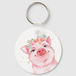 Cute Watercolor Pig with Floral Crown Key Ring