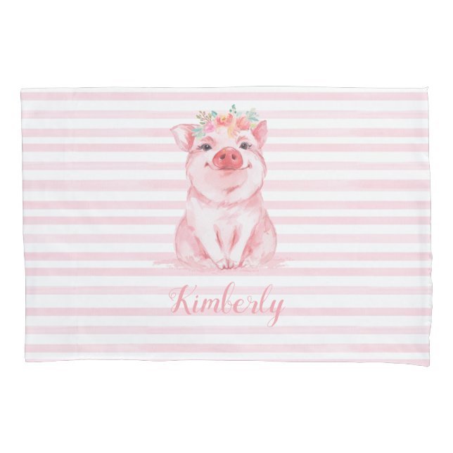 Cute Watercolor Pig with Pink Stripes Pillowcase (Front)