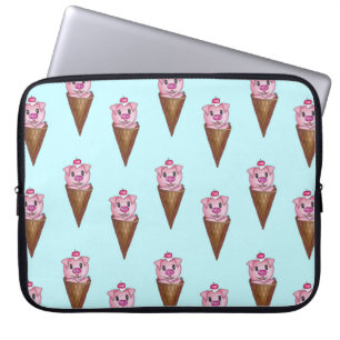 Cute Watercolor Piggy Ice Cream Pink Teal Pattern Laptop Sleeve