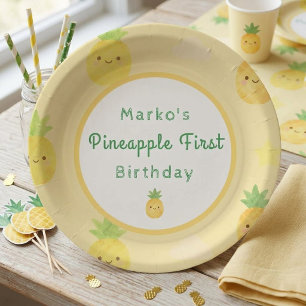 Cute Watercolor Pineapple 1st Birthday Party Paper Plate