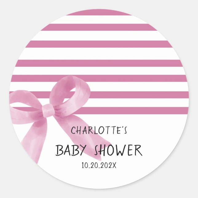 Cute Watercolor Pink Bow Baby Shower Classic Round Sticker (Front)