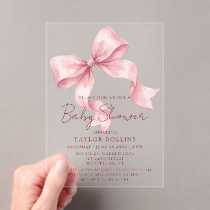 Cute Watercolor Pink Bow Baby Shower Invitation