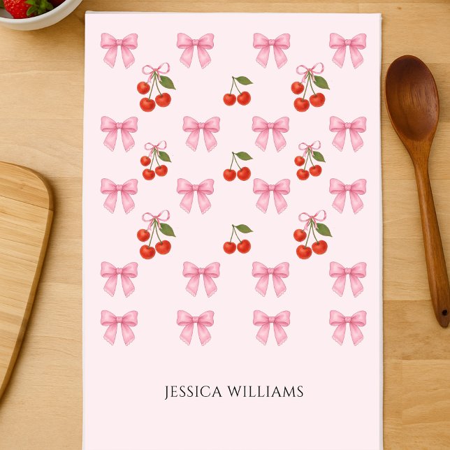 Cute Watercolor Pink Bow Coquette Baking  Tea Towel (Cute Watercolor Pink Cherry Bow Coquette Baking Kitchen Towel)