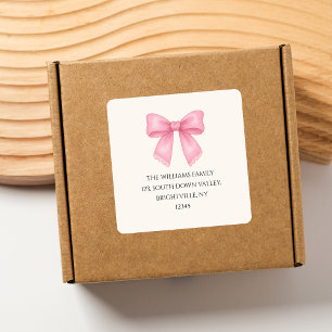 Cute Watercolor Pink Bow Coquette return address Square Sticker