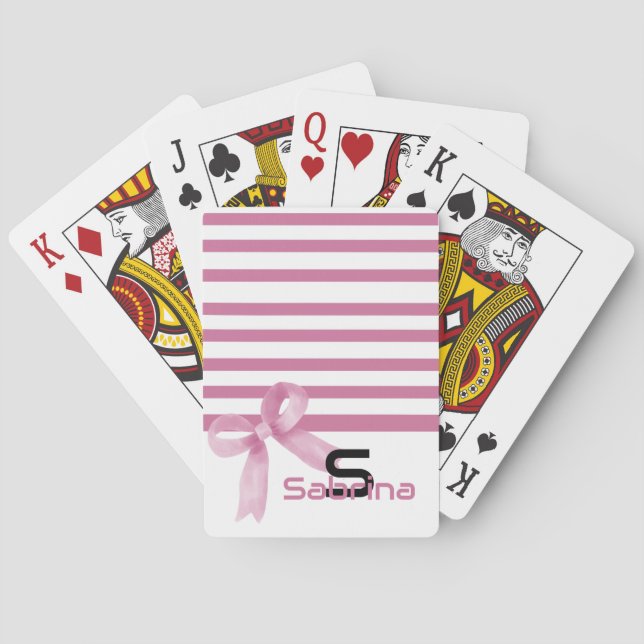 Cute Watercolor Pink Bow Stripes Playing Cards (Back)