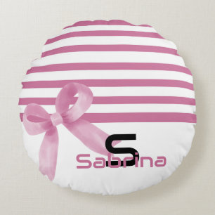 Cute Watercolor Pink Bow Stripes Round Pillow