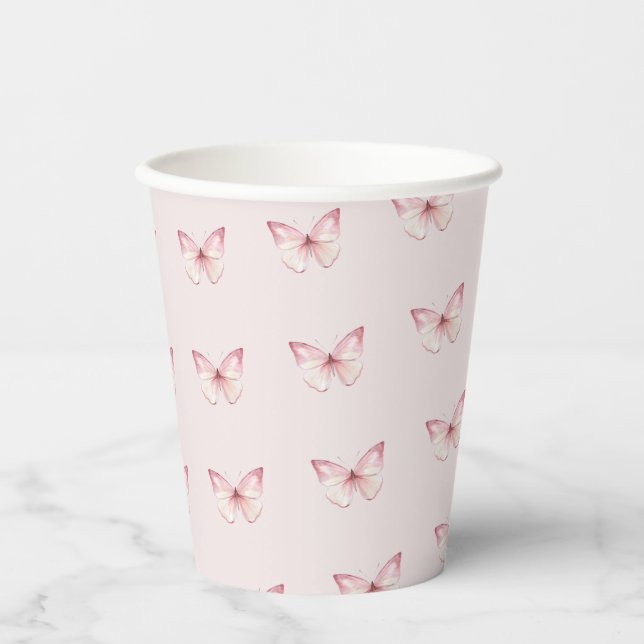 Cute Watercolor Pink Butterflies  Paper Cups (Front)