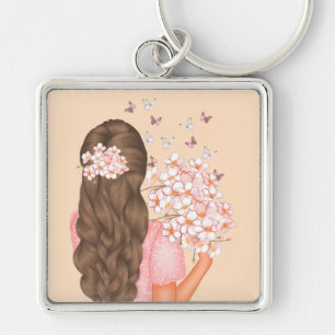 Cute Watercolor Pink Flowers Monogramed for her Key Ring