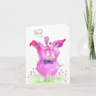 Cute Watercolor Pink Pigs Hello Greeting Card