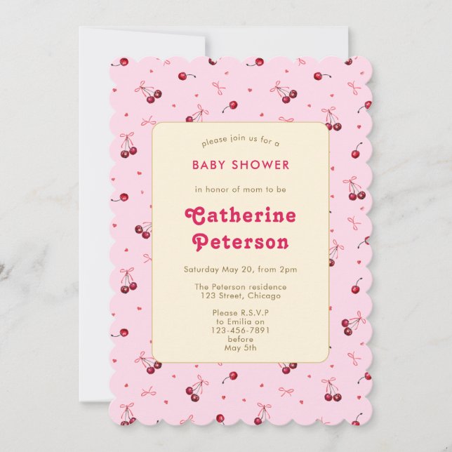 Cute Watercolor Pink Red Cherries, Hearts, Bows  Invitation (Front)