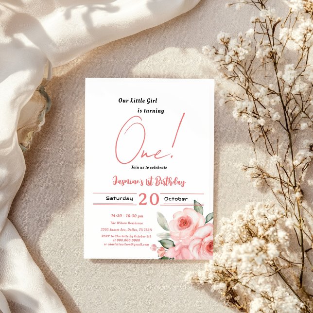 Cute Watercolor Pink Rose Baby Girl 1st Birthday Invitation (Creator Uploaded)