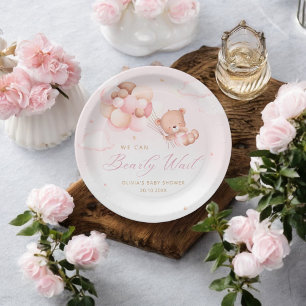 Cute Watercolor pink Teddy Bear Girl Baby Shower   Paper Plate