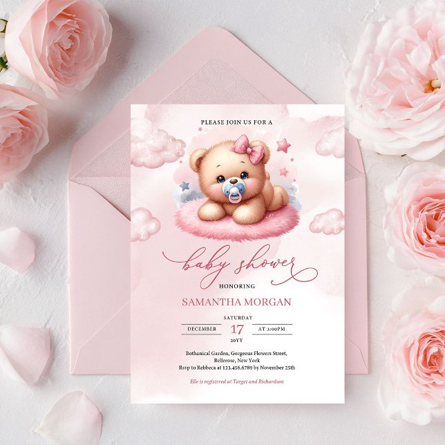Cute Watercolor pink teddy bear with pacifier Invitation (Sweet Pink Teddy Bear Cloud Baby Shower Invite Editable Printable Template for Girl)