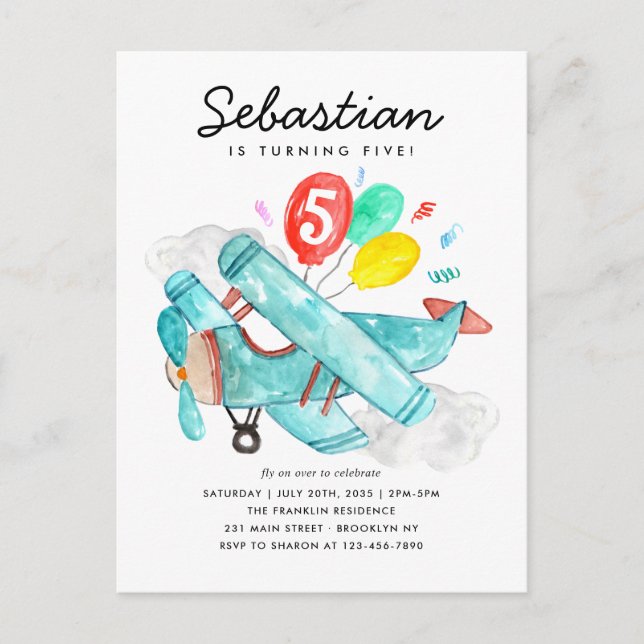Cute Watercolor Plane Balloons Aeroplane Birthday Postcard (Front)