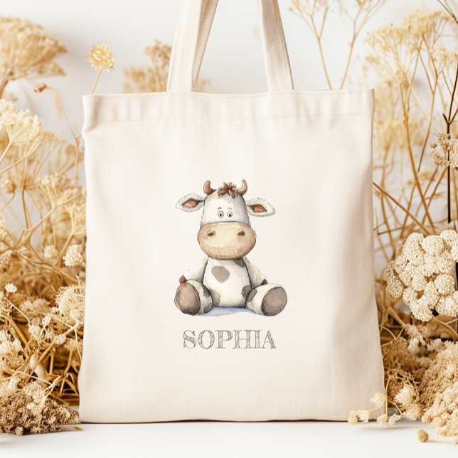 Cute Watercolor Plush Cow Personalised Kids' Tote Bag (Creator Uploaded)