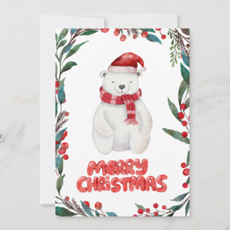 Cute Watercolor Polar Bear Merry Christmas Holiday Card