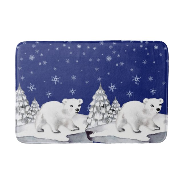Cute Watercolor Polar Bear Pine Trees Christmas Bath Mat (Front)