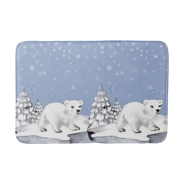 Cute Watercolor Polar Bear Pine Trees Christmas Bath Mat (Front)