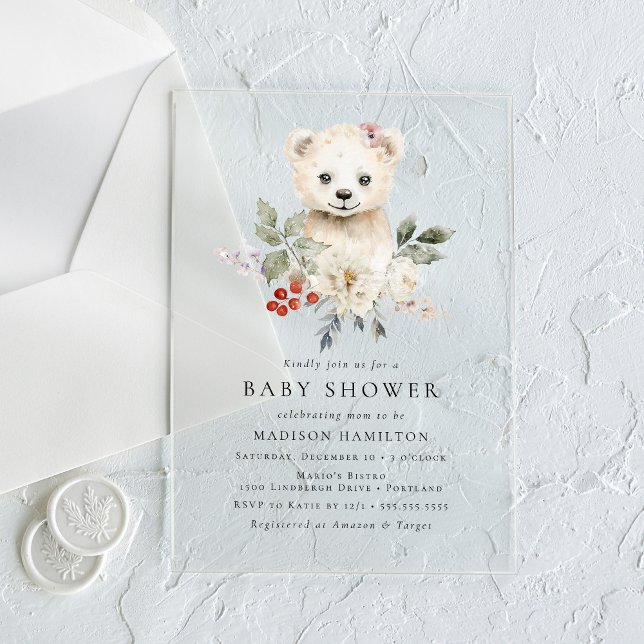 Cute Watercolor Polar Bear Winter Baby Shower Acrylic Invitations (Creator Uploaded)