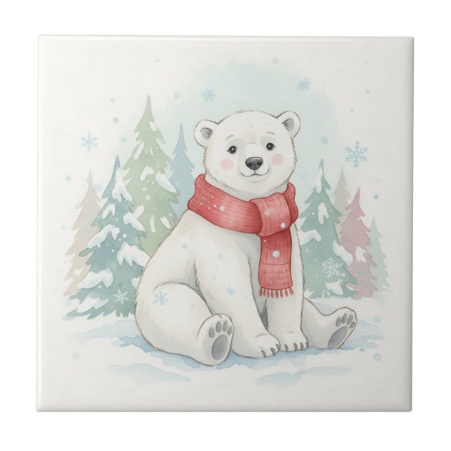 Cute Watercolor Polar Bear Winter  Ceramic Tile (Front)
