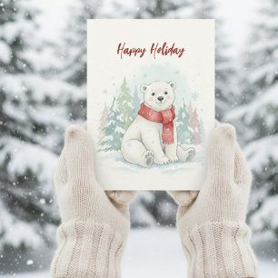 Cute watercolor Polar Bear Winter Holiday Postcard